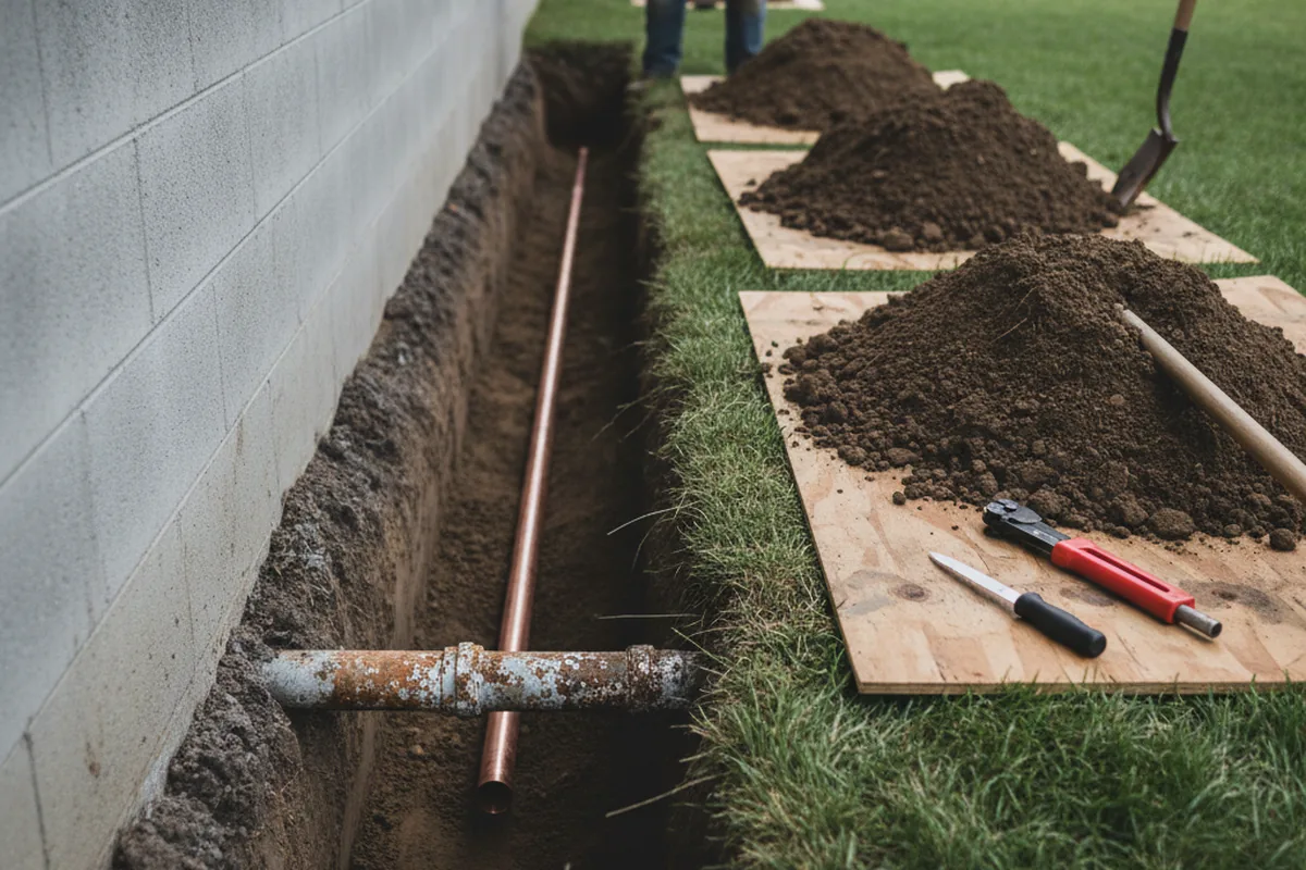 Excavated water line trench during Sewer Line Repair in Donalds